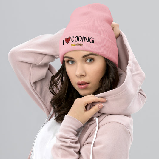 "I Love Coding" Cuffed Beanie | Pink