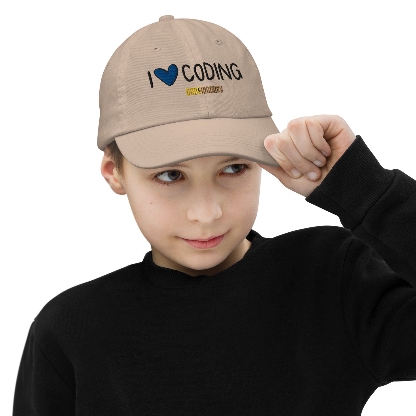 "I Love Coding" Youth Baseball Cap | Valucap VC300Y | Blue Heart