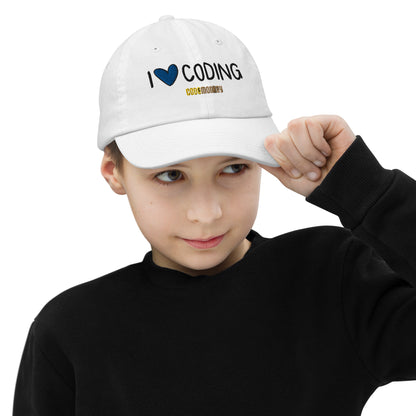 "I Love Coding" Youth Baseball Cap | Valucap VC300Y | Blue Heart