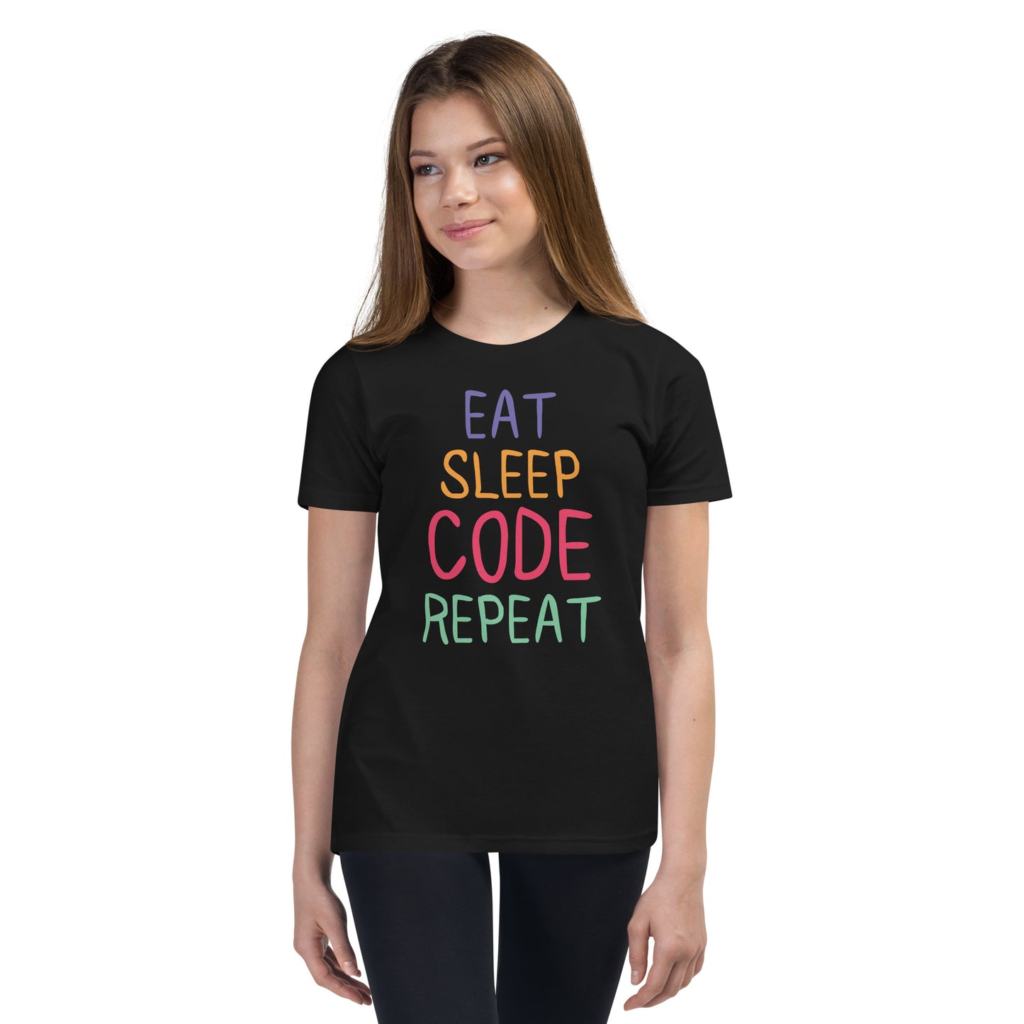 "Eat, Sleep, Code, Repeat" Youth Staple Tee | Bella + Canvas 3001Y