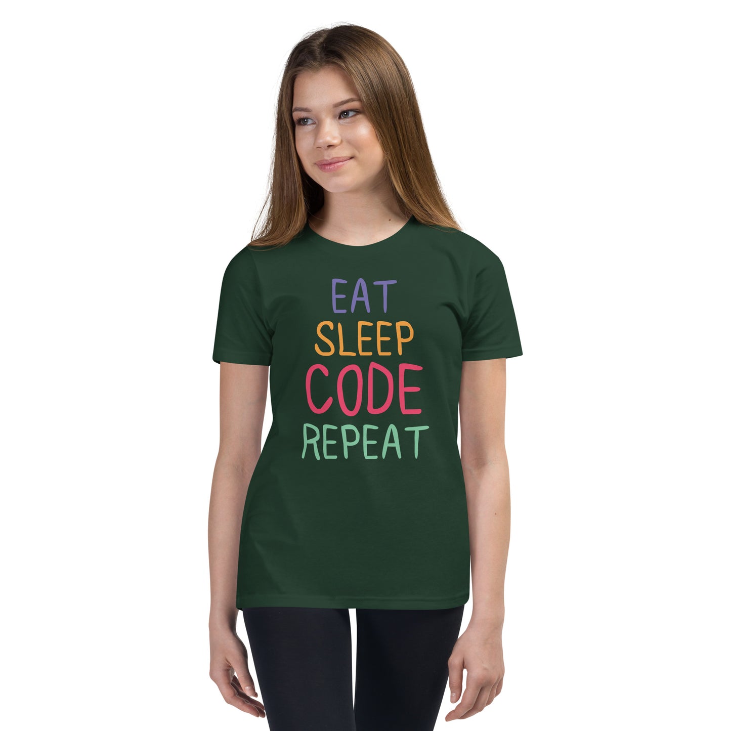 "Eat, Sleep, Code, Repeat" Youth Staple Tee | Bella + Canvas 3001Y